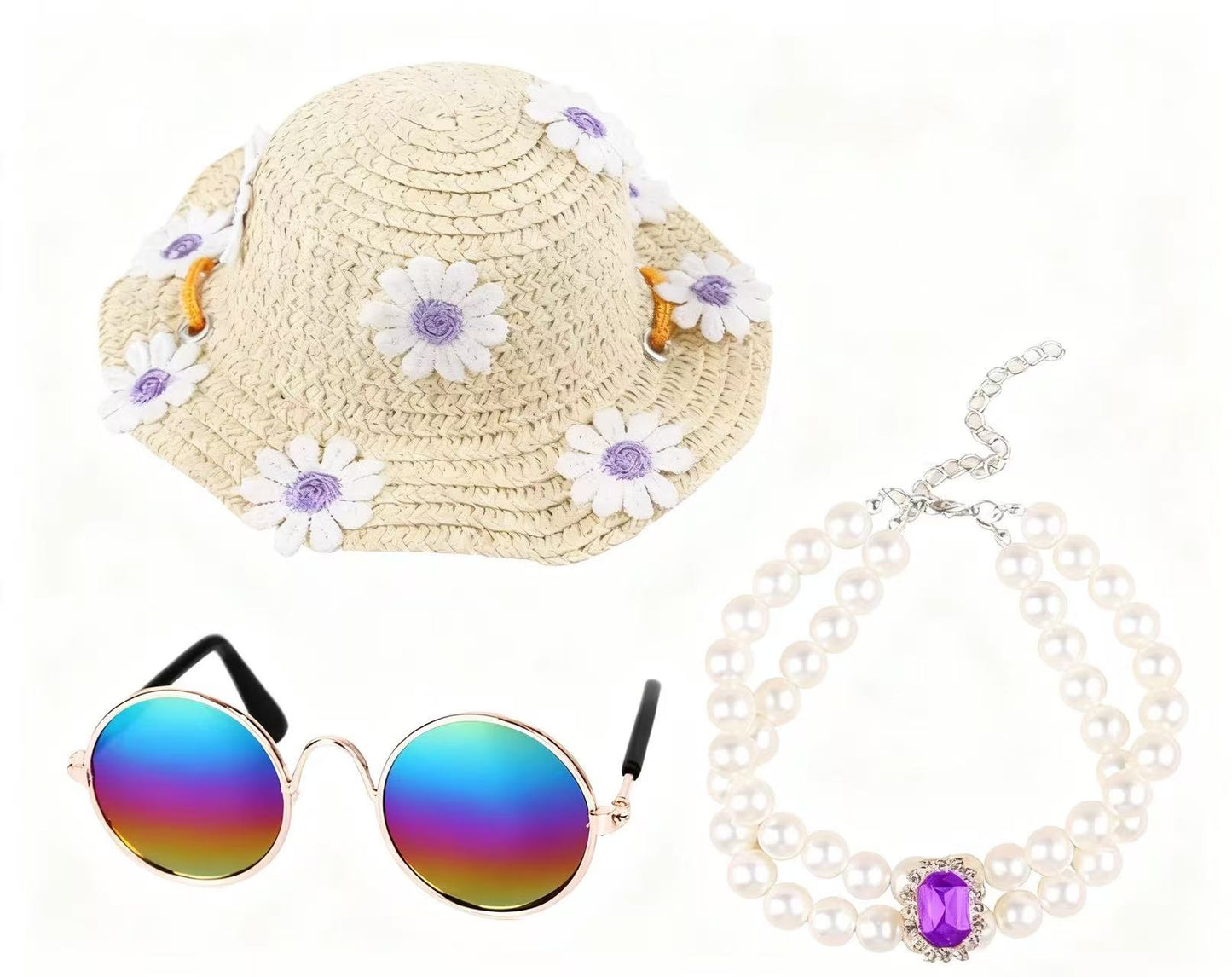 Pet Accessories Set – Straw Hat, Pearl Necklace & Sunglasses for Cats & Dogs