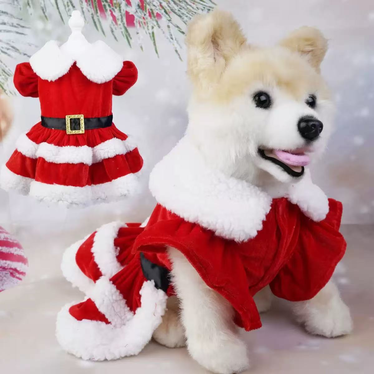 Christmas Pet Dress – Red Double-Layer Bow Skirt for Dogs & Cats