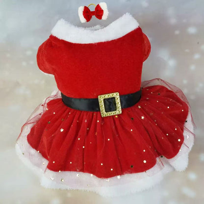 Christmas Pet Dress – Red Tulle Skirt with Bow & Bells for Dogs & Cats