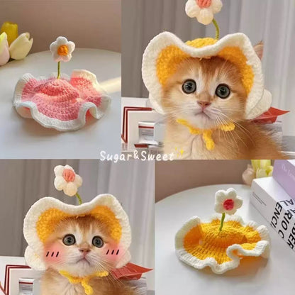 Knitted Pet Hat with Flower – Cute Wool Cap for Dogs & Cats