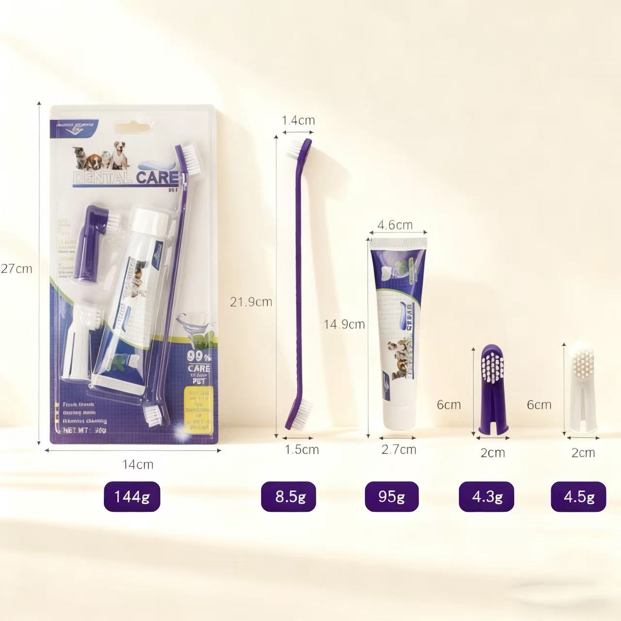 Pet Toothpaste & Toothbrush Kit – Beef Flavor Toothpaste with Double-Head & Finger Brushes for Dogs & Cats