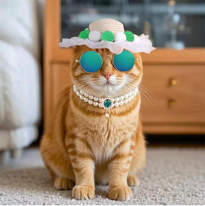 Pet Accessories Set – Straw Hat, Pearl Necklace & Sunglasses for Cats & Dogs