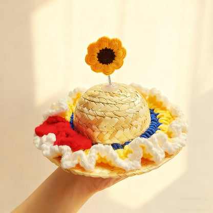 Straw Pet Hat with Flower – Summer Costume Accessory for Cats & Dogs