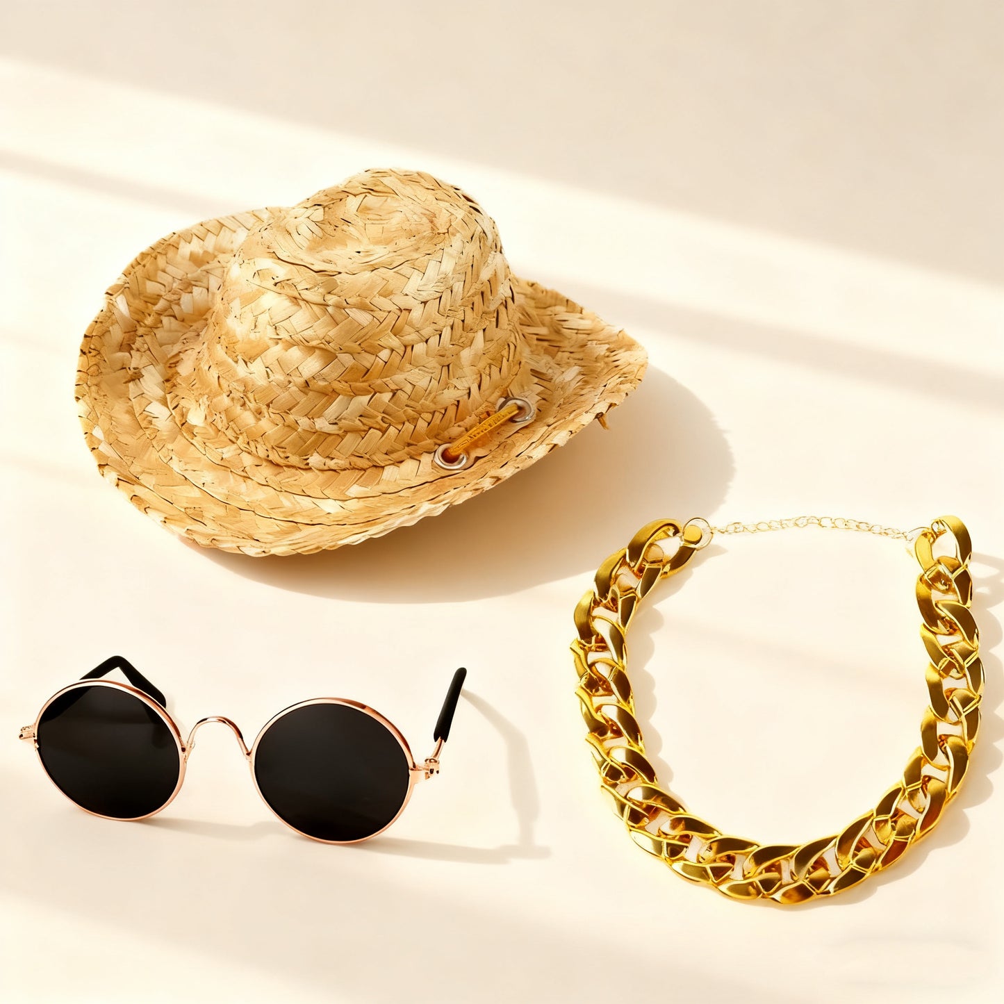 Pet Accessories Set – Straw Hat, Gold Necklace & Sunglasses for Cats & Dogs