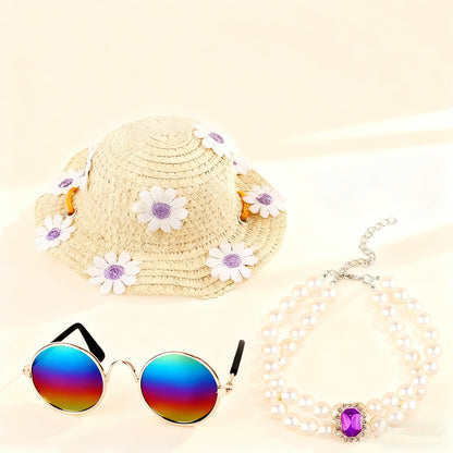 Pet Accessories Set – Straw Hat, Pearl Necklace & Sunglasses for Cats & Dogs