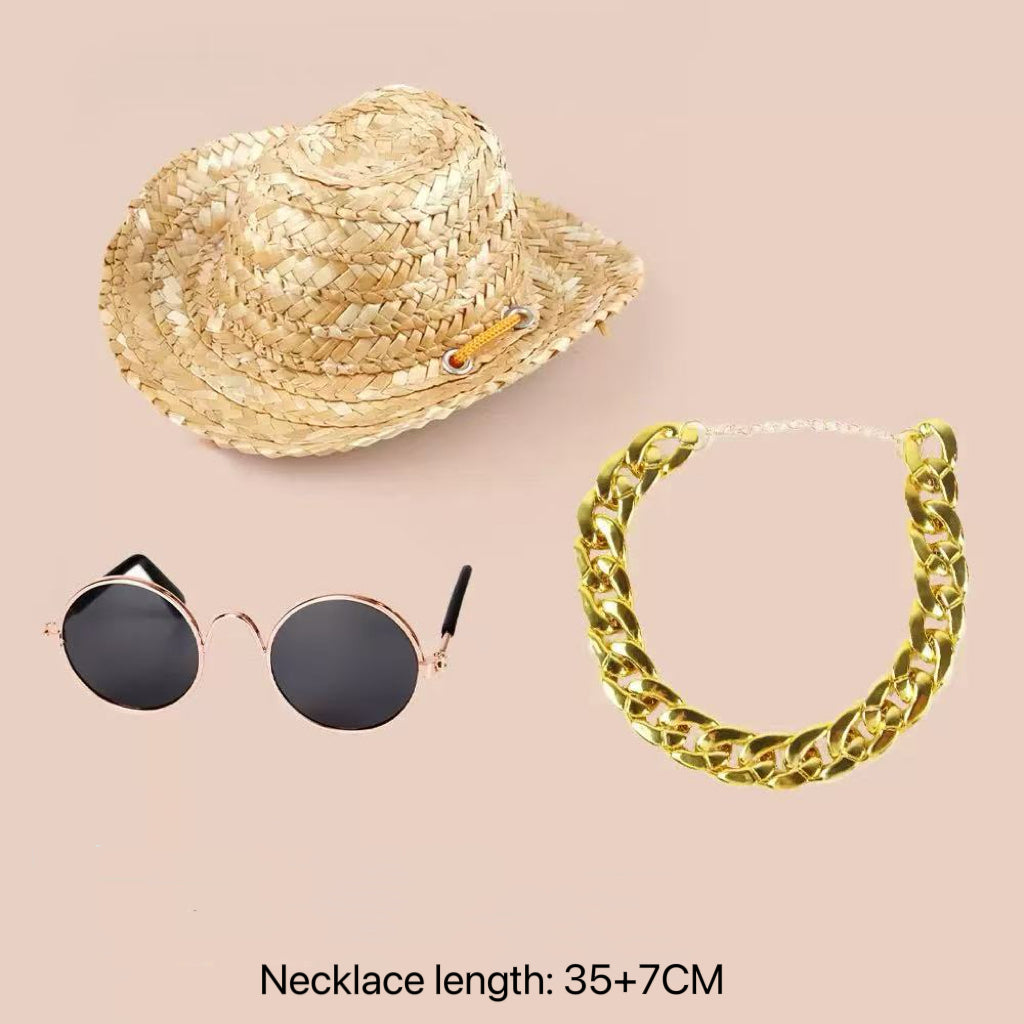 Pet Accessories Set – Straw Hat, Gold Necklace & Sunglasses for Cats & Dogs