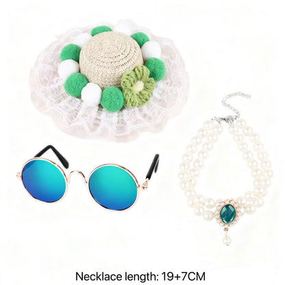 Pet Accessories Set – Straw Hat, Pearl Necklace & Sunglasses for Cats & Dogs