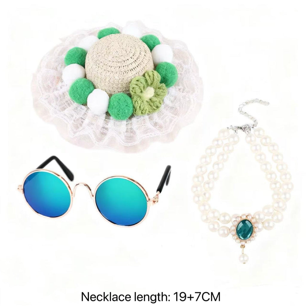 Pet Accessories Set – Straw Hat, Pearl Necklace & Sunglasses for Cats & Dogs