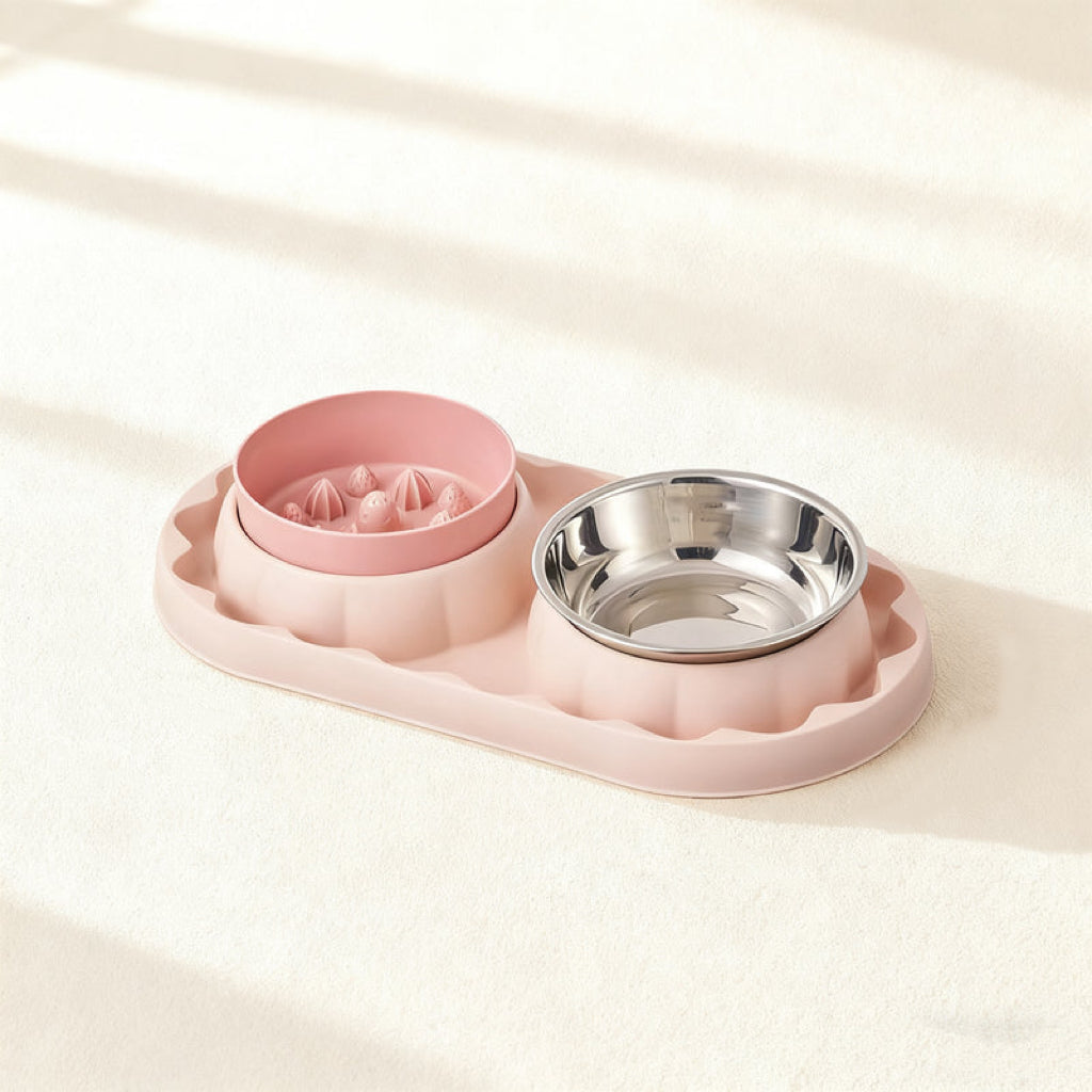 Double Stainless Steel Pet Bowls – Non-Slip Slow Feeder Set for Dogs & Cats