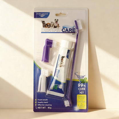 Pet Toothpaste & Toothbrush Kit – Beef Flavor Toothpaste with Double-Head & Finger Brushes for Dogs & Cats