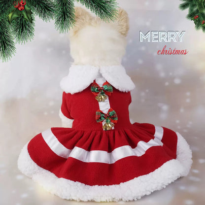 Christmas Pet Dress with Red Bow & Bells – Festive Outfit for Dogs & Cats