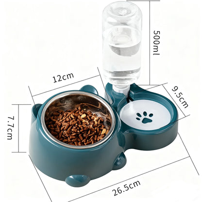 2-in-1 Automatic Water & Inclined Stainless Steel Food Bowl – Ergonomic Feeder for Dogs & Cats