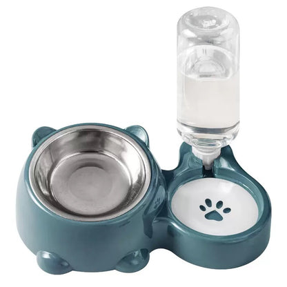 2-in-1 Automatic Water & Inclined Stainless Steel Food Bowl – Ergonomic Feeder for Dogs & Cats
