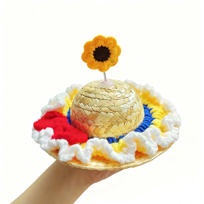 Straw Pet Hat with Flower – Summer Costume Accessory for Cats & Dogs