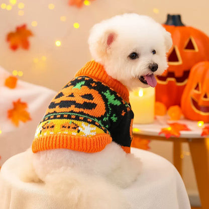 Halloween Pet Sweater with Pumpkin Design – Cozy Outfit for Dogs & Cats
