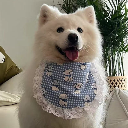 Lace Pet Bandana with Cartoon Dog Print – Cute Adjustable Bib for Cats & All Dog Sizes