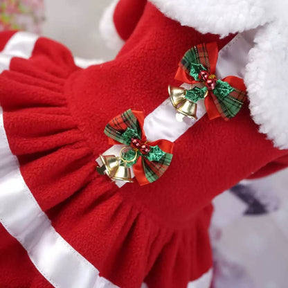 Christmas Pet Dress with Red Bow & Bells – Festive Outfit for Dogs & Cats