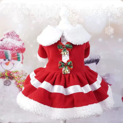 Christmas Pet Dress with Red Bow & Bells – Festive Outfit for Dogs & Cats
